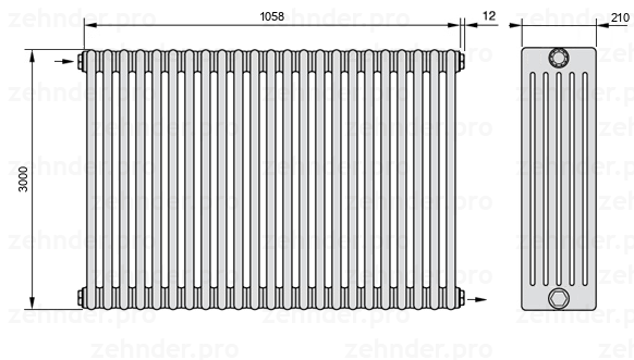 Схема (чертеж) Радиатор Zehnder Charleston 6300/23 №1670 Белый глянцевый RAL 9016